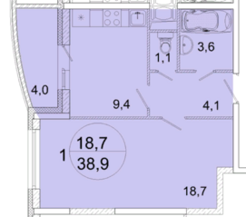 ЖК «Весна» (Ивантеевка), планировка 1-комнатной квартиры, 38.90 м²