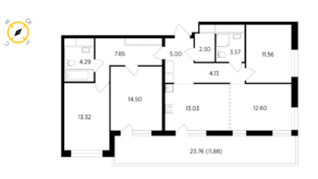 ЖК «Одинград», планировка 4-комнатной квартиры, 104.23 м²