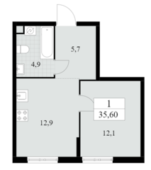 ЖК «Южные сады», планировка 1-комнатной квартиры, 35.60 м²