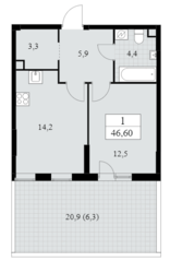 ЖК «Южные сады», планировка 1-комнатной квартиры, 46.60 м²