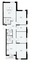 ЖК «Южные сады», планировка 3-комнатной квартиры, 105.40 м²
