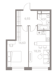 ЖК «LIFE-Варшавская», планировка 1-комнатной квартиры, 46.42 м²