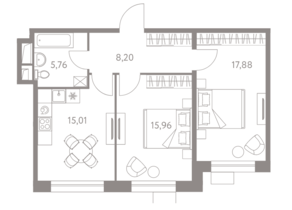 ЖК «LIFE-Варшавская», планировка 2-комнатной квартиры, 62.81 м²