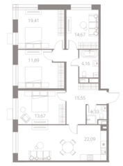 ЖК «LIFE-Варшавская», планировка 4-комнатной квартиры, 107.77 м²