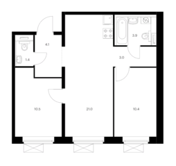 ЖК «Люблинский парк», планировка 2-комнатной квартиры, 54.30 м²