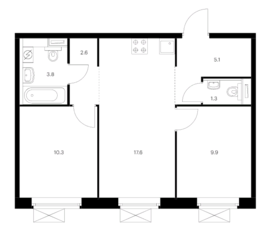 ЖК «Люблинский парк», планировка 2-комнатной квартиры, 50.60 м²