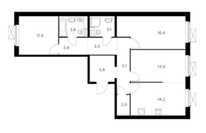 ЖК «Люблинский парк», планировка 3-комнатной квартиры, 83.30 м²