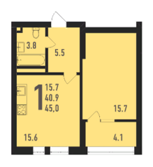 ЖК «Ивантеевка 2020», планировка 1-комнатной квартиры, 45.00 м²