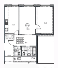 ЖК «Twin House», планировка 2-комнатной квартиры, 59.80 м²