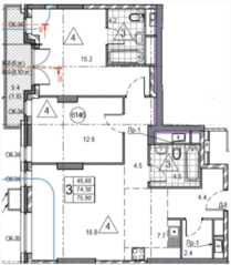 ЖК «Twin House», планировка 3-комнатной квартиры, 75.95 м²