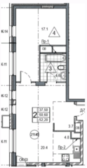 ЖК «Twin House», планировка 2-комнатной квартиры, 52.20 м²