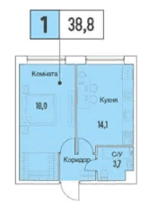 ЖК «Аквилон Park», планировка 1-комнатной квартиры, 38.80 м²