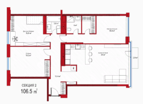 МФК «Живой комплекс LES», планировка 3-комнатной квартиры, 106.52 м²