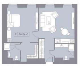 МФК «La Rue», планировка 2-комнатной квартиры, 56.74 м²