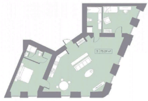 МФК «La Rue», планировка 3-комнатной квартиры, 73.29 м²