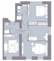 МФК «La Rue», планировка 3-комнатной квартиры, 72.24 м²
