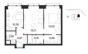 ЖК «Соседи 21/19», планировка 2-комнатной квартиры, 54.96 м²