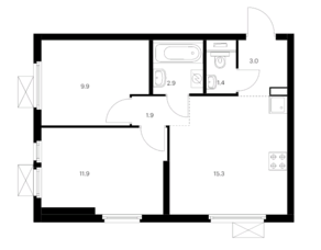 ЖК «Митинский лес», планировка 2-комнатной квартиры, 46.30 м²