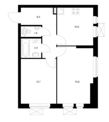 ЖК «Большая Очаковская 2», планировка 2-комнатной квартиры, 52.20 м²