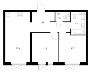 ЖК «Большая Очаковская 2», планировка 2-комнатной квартиры, 57.40 м²
