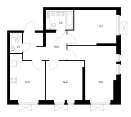ЖК «Большая Очаковская 2», планировка 3-комнатной квартиры, 68.70 м²