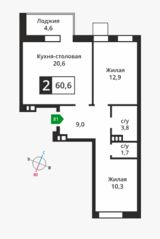 ЖК «Лесная Отрада», планировка 2-комнатной квартиры, 60.60 м²