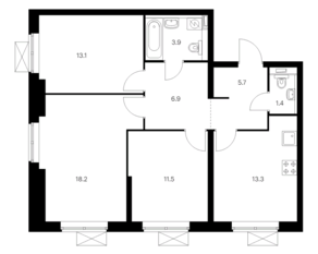 ЖК «Сигнальный 16», планировка 3-комнатной квартиры, 74.00 м²