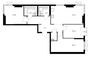ЖК «Руставели 14», планировка 3-комнатной квартиры, 83.50 м²