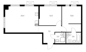 ЖК «Второй Нагатинский», планировка 2-комнатной квартиры, 63.80 м²