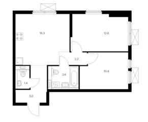 ЖК «Второй Нагатинский», планировка 2-комнатной квартиры, 51.70 м²