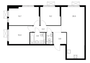 ЖК «Второй Нагатинский», планировка 3-комнатной квартиры, 72.60 м²