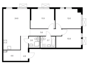 ЖК «Второй Нагатинский», планировка 3-комнатной квартиры, 81.40 м²