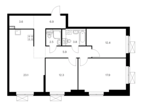 ЖК «Второй Нагатинский», планировка 3-комнатной квартиры, 88.40 м²
