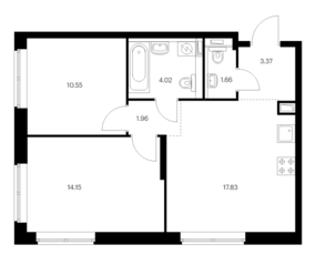 ЖК «Vangarden», планировка 2-комнатной квартиры, 53.54 м²