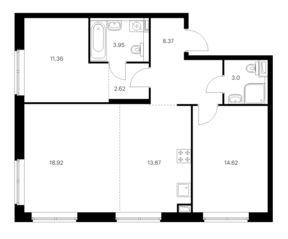ЖК «Vangarden», планировка 3-комнатной квартиры, 76.71 м²