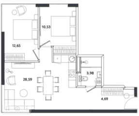 Апарт-отель «Измайловский парк», планировка 3-комнатной квартиры, 60.44 м²