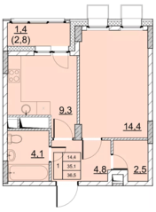 ЖК «Парковый» (Солнечногорск), планировка 1-комнатной квартиры, 36.50 м²