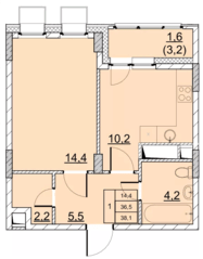 ЖК «Парковый» (Солнечногорск), планировка 1-комнатной квартиры, 38.10 м²
