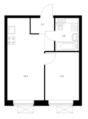ЖК «Мичуринский парк», планировка 1-комнатной квартиры, 32.70 м²