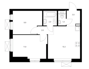 ЖК «Мичуринский парк», планировка 2-комнатной квартиры, 46.40 м²