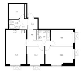 ЖК «Мичуринский парк», планировка 3-комнатной квартиры, 88.60 м²