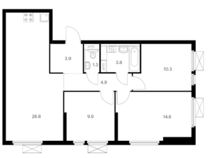 ЖК «Мичуринский парк», планировка 3-комнатной квартиры, 75.50 м²