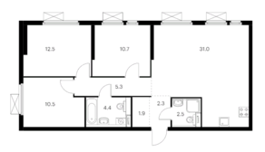 ЖК «Мичуринский парк», планировка 3-комнатной квартиры, 81.10 м²