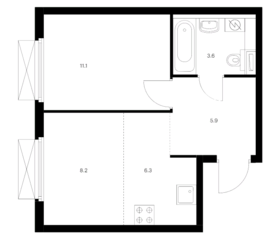 ЖК «Кольская, 8», планировка 2-комнатной квартиры, 35.10 м²