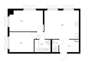 ЖК «Кольская, 8», планировка 2-комнатной квартиры, 60.90 м²