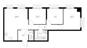 ЖК «Кольская, 8», планировка 3-комнатной квартиры, 74.10 м²