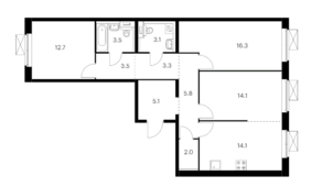 ЖК «Кольская, 8», планировка 3-комнатной квартиры, 83.50 м²