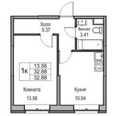 ЖК «Юнтолово», планировка 1-комнатной квартиры, 32.88 м²
