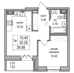 ЖК «Северная долина», планировка 1-комнатной квартиры, 36.88 м²