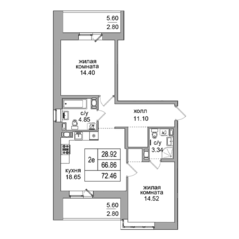 ЖК «Северная долина», планировка 2-комнатной квартиры, 72.46 м²
